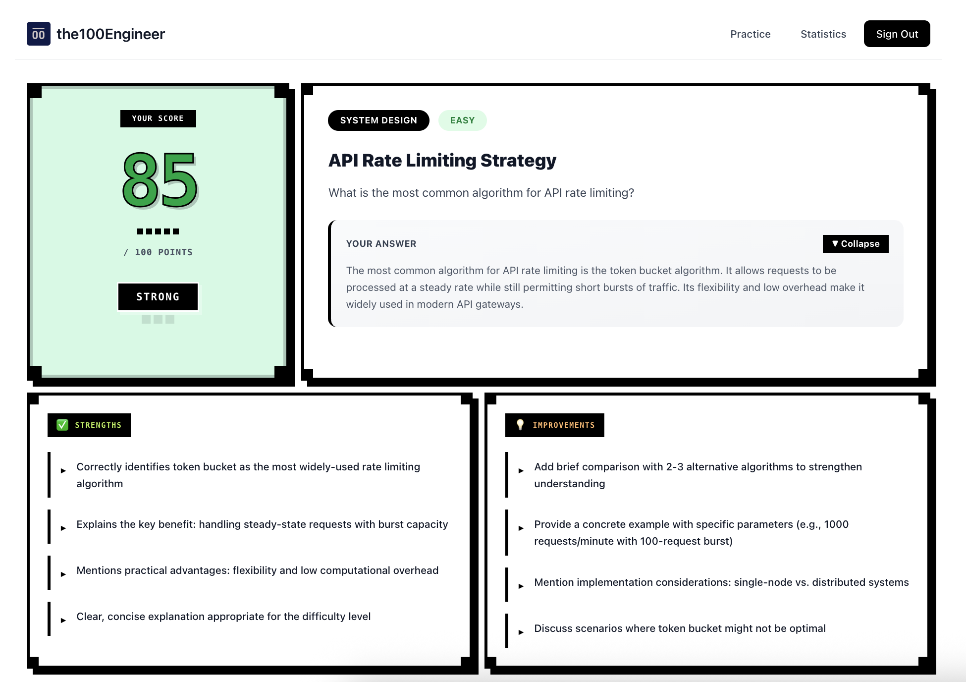 AI-powered evaluation feedback showing detailed score breakdown and improvement tips